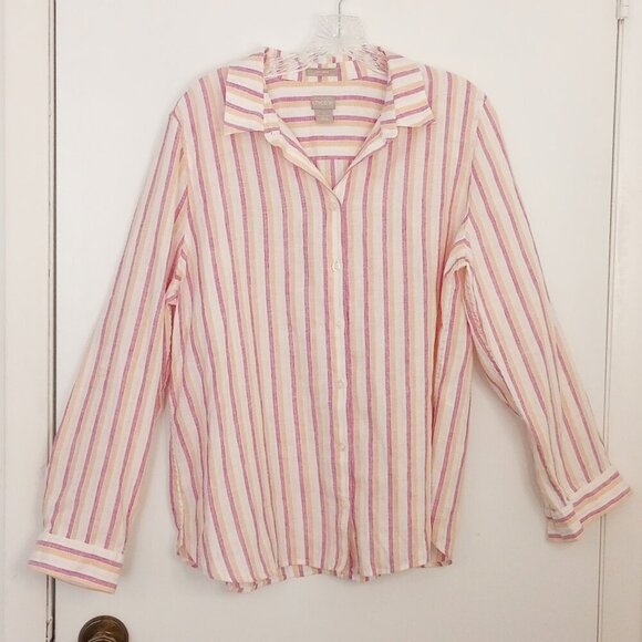 Chico's No-Iron Linen Metallic Striped Roll-Tab Shirt - Picture 1 of 11